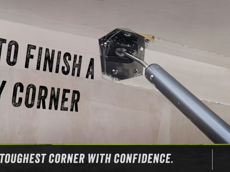 A 3-way drywall corner being finished with a corner finisher run down each of the three angles, then cleaned at the point by hand