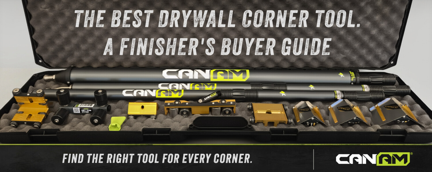 The CanAm Professional Tool Kit laid out with its twelve drywall finishing tools and rugged case